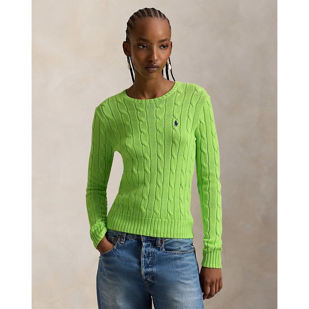 Polo Ralph Lauren Womens Chartreuse Green Cable Knit Cotton Slim Fit Sweater  S